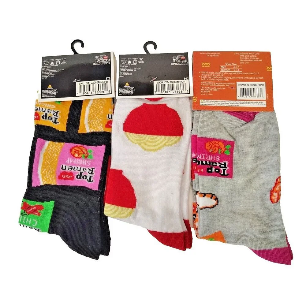 Top Ramen Noodles Novelty Socks 3 Pair Crew Adult Men Size 6-12 NWT Kidcore